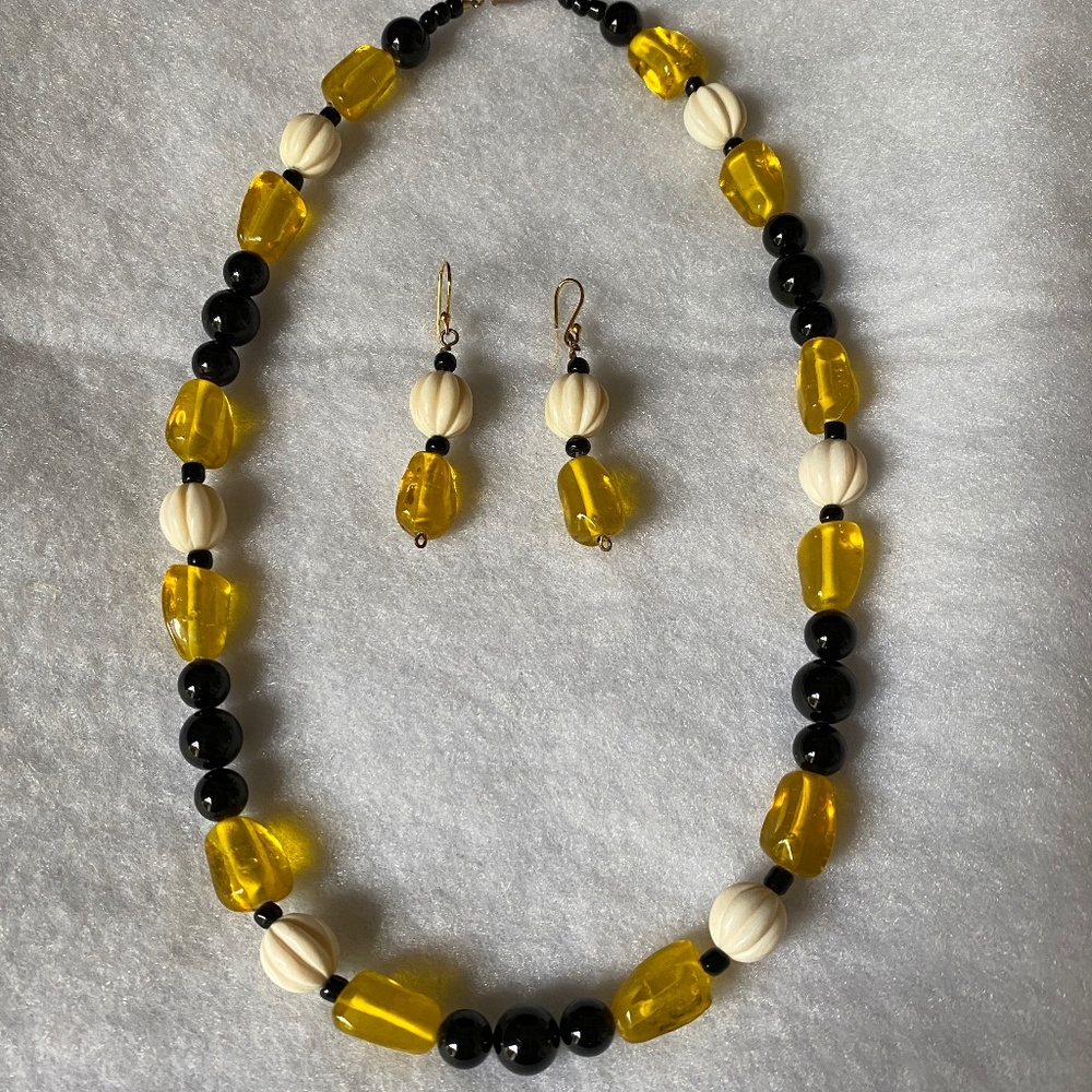 Yellow & Black Beaded Necklace and Earrings